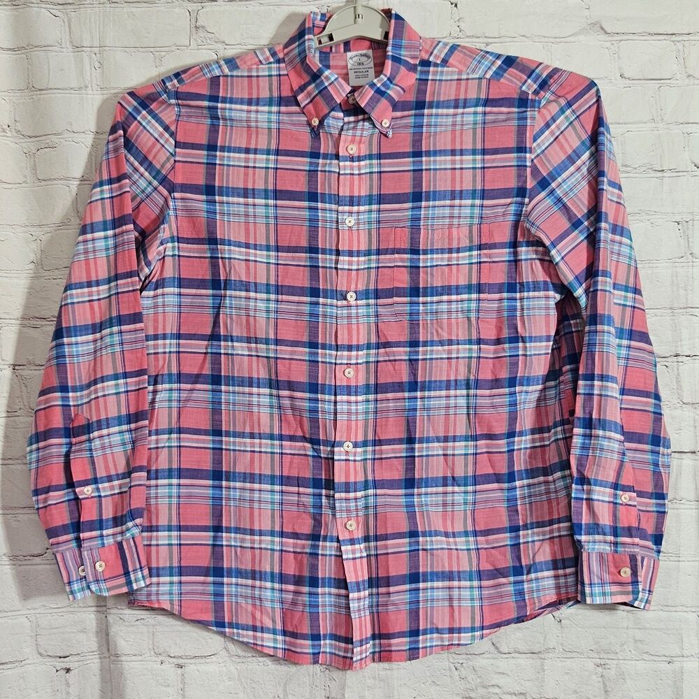 Brooks Brothers Plaid Button Down Shirt Men L The Original Polo Reg Pink Blue